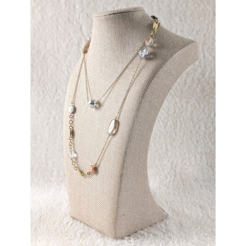 Rachel Long Station Necklace 37" Multi-Color Glass Beads Gold Tone‎ Chain
